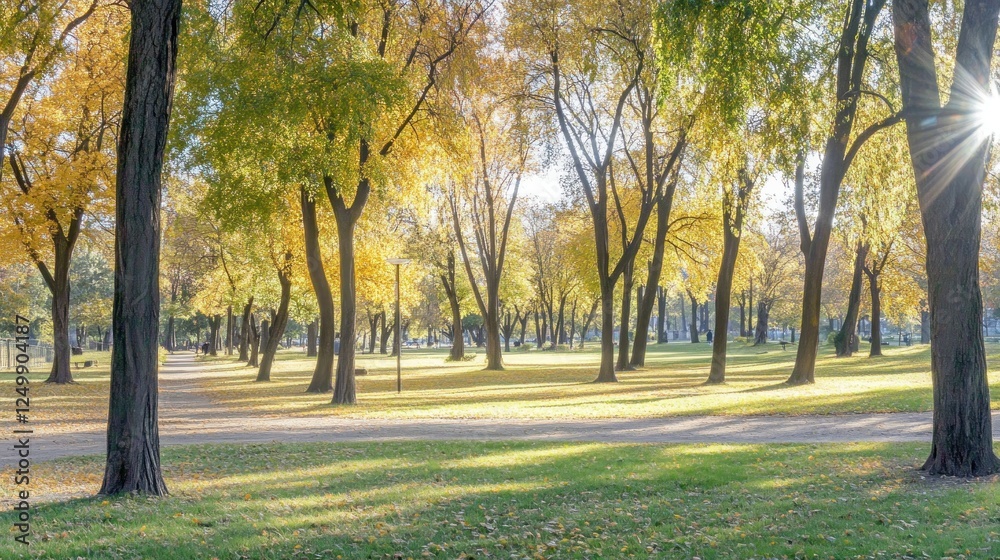 Fototapeta premium Autumn Sunlight Illuminates Golden Leafed Park Trees