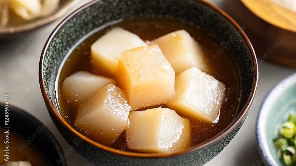 Top down view of Japanese buri daikon simmered yellowtail daikon radish served in a soy flavored broth Top down view of Japanese buri daikon simmered yellowtail daikon radish served in a soy flavored broth