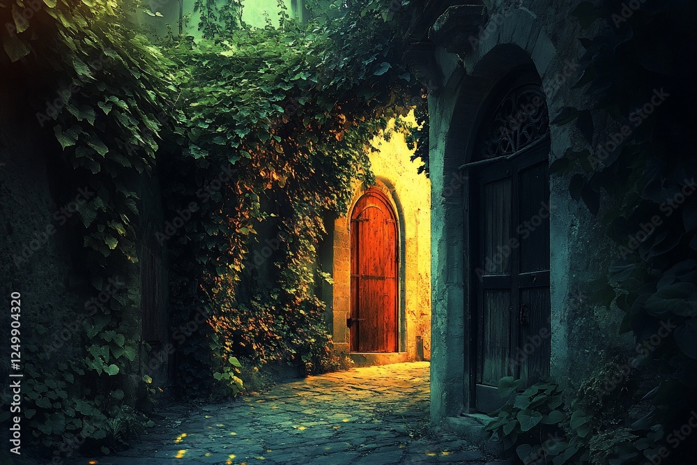 Fototapeta premium Mysterious, ivy-covered alleyway with glowing orange door at night.
