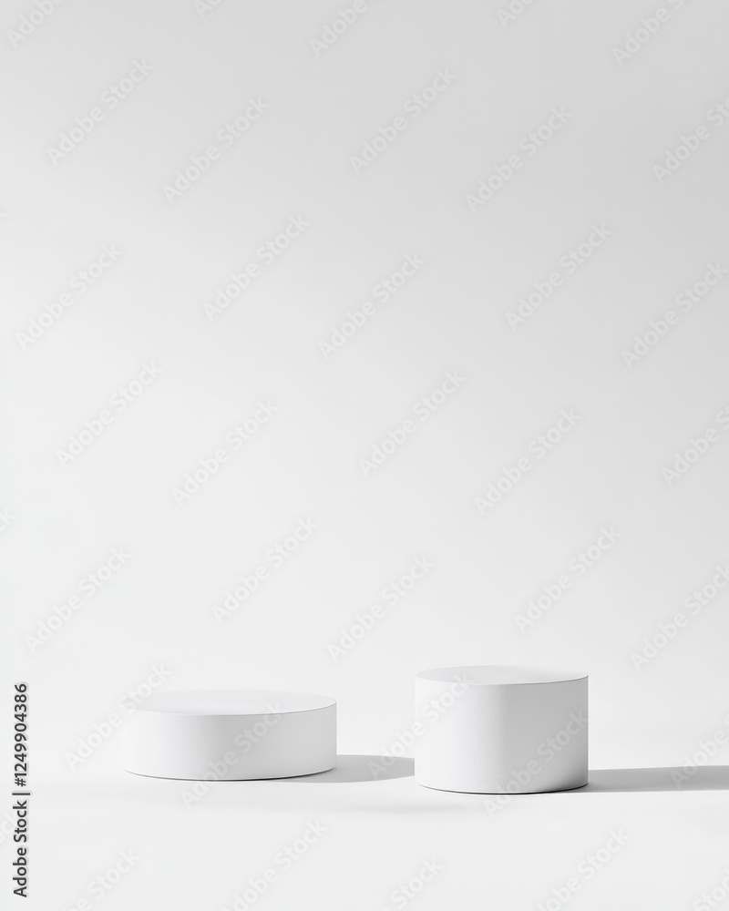 Two white cylinder platforms are set on a white surface Two white cylinder platforms are set on a white surface