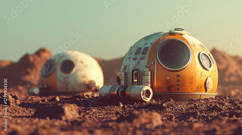 Snow-covered futuristic research station with dome structures in a remote arctic landscape under a clear blue sky, symbolizing innovation, isolation, and exploration in a modern world.

 photo