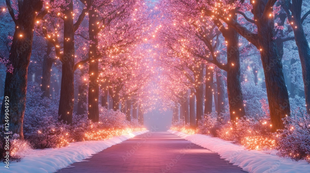 Enchanting Winter Pathway Illuminated by Fairy Lights Enchanting Winter Pathway Illuminated by Fairy Lights