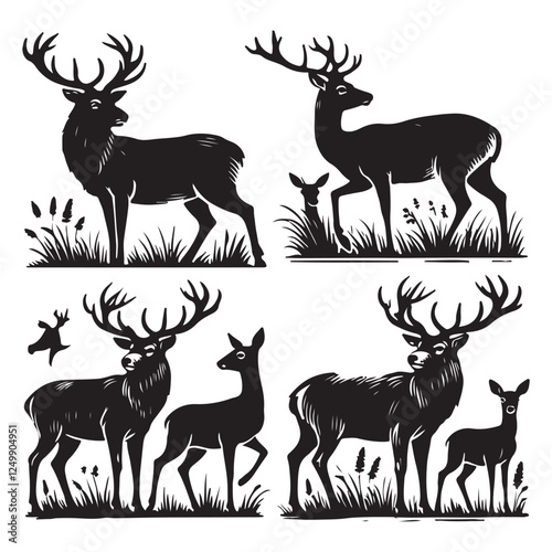 Graphic black silhouettes of wild deers – male, female and roe deer on a white background