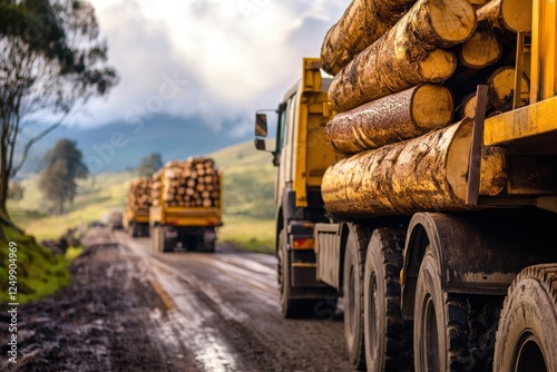 Logging Trucks Transporting Timber on a Rural Roadway Landscape