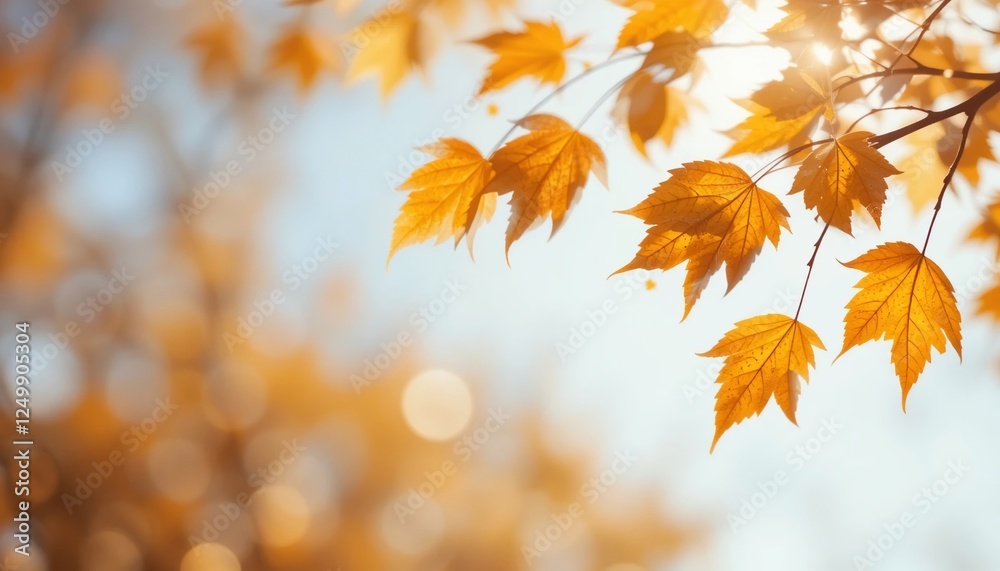 Golden Autumn Leaves on Branch Sunlight Fall Foliage Nature Background Golden Autumn Leaves on Branch Sunlight Fall Foliage Nature Background