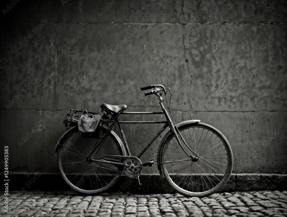In a timeless black-and-white composition, an old bicycle with a gently rusted frame and worn leather seat leans gracefully against a weathered cobblestone wall In a timeless black-and-white composition, an old bicycle with a gently rusted frame and worn leather seat leans gracefully against a weathered cobblestone wall