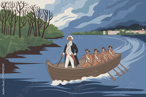An illustration of adult George Washington crossing the Delware River