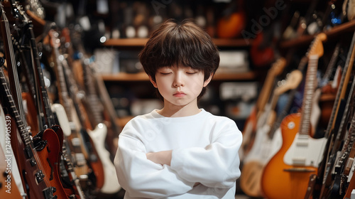 Child contemplating music surrounded by a collection of guitars in a cozy music shop during the afternoon generated  AI
