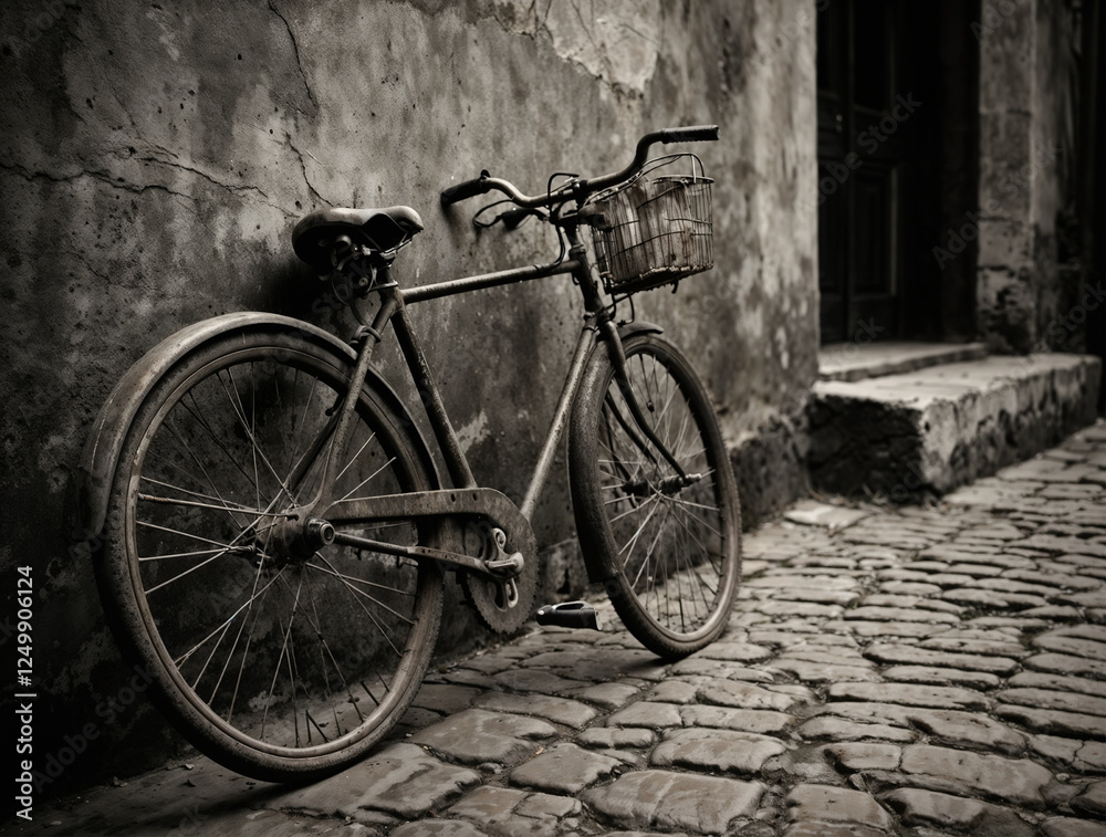 In a timeless black-and-white composition, an old bicycle with a gently rusted frame and worn leather seat leans gracefully against a weathered cobblestone wall In a timeless black-and-white composition, an old bicycle with a gently rusted frame and worn leather seat leans gracefully against a weathered cobblestone wall