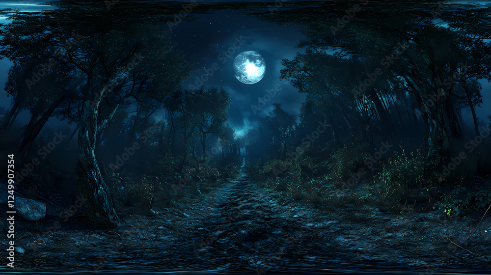 Fototapeta premium degree, dark forest path illuminated by the moon, with ghostly apparitions floating. hdri spherical panorama. Phantom Landscapes. Illustration
