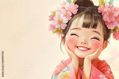 Smiling child in traditional clothing surrounded by flowers