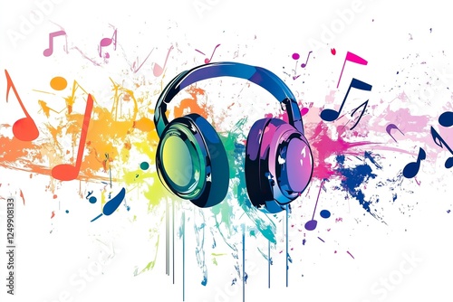 Vibrant headphones with musical notes in colorful splash