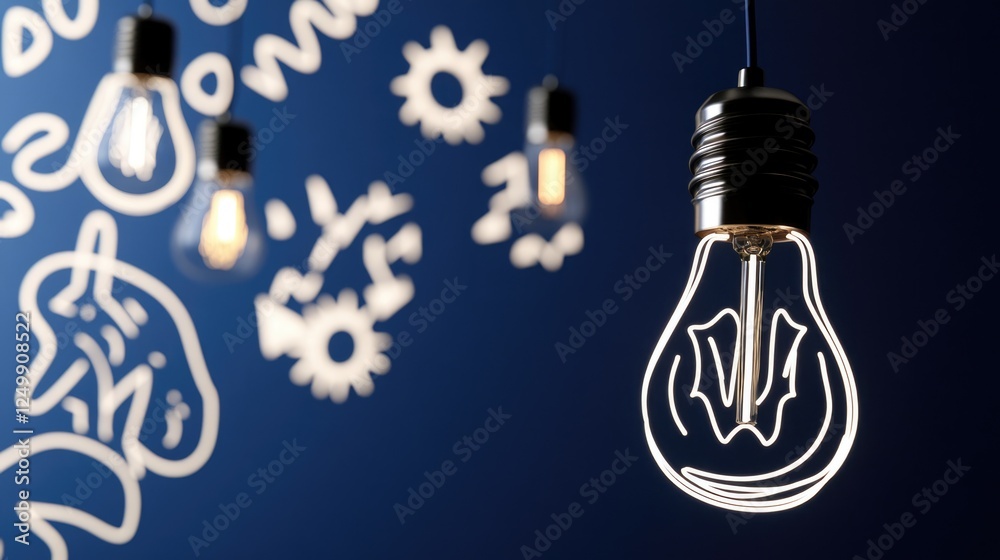 Several stylish light bulbs hang from above, illuminating a blue wall adorned with playful drawings and designs, creating a vibrant and creative atmosphere Several stylish light bulbs hang from above, illuminating a blue wall adorned with playful drawings and designs, creating a vibrant and creative atmosphere