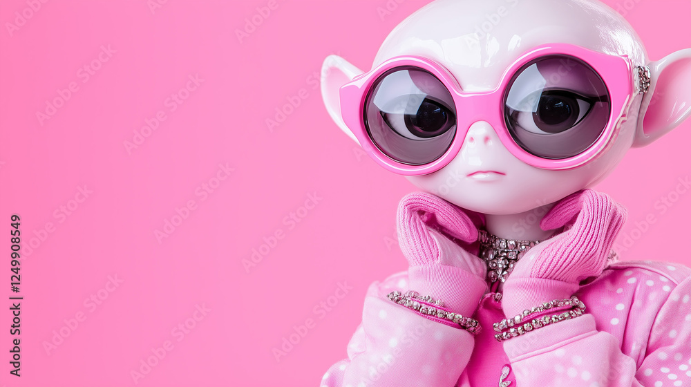 Obraz premium Stylish doll wearing oversized sunglasses and trendy outfit against a vibrant pink background generated AI UFO alien