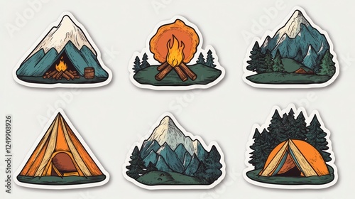 A set of 6 stickers featuring a mountains and camping travel theme, each with intricate designs of tents, campfires, forests, and rugged peaks