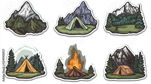 A set of 6 stickers featuring a mountains and camping travel theme, each with intricate designs of tents, campfires, forests, and rugged peaks