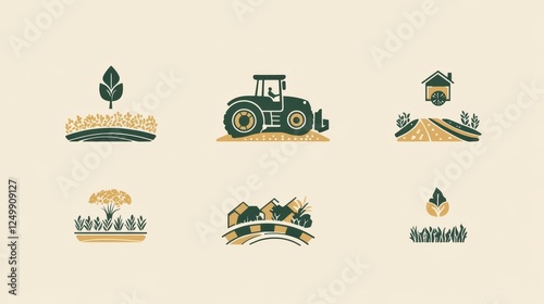 A set of agriculture-themed logos featuring a detailed tractor in motion, surrounded by lush fields and crop rows.