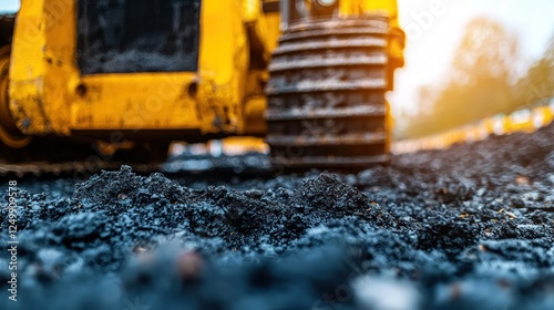 Yellow bulldozer compacts road base on construction site photo