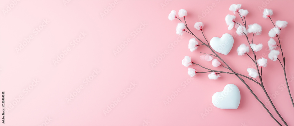 Fototapeta premium Soft cotton branches with white hearts on a pastel pink background for romantic decoration and celebration generated AI