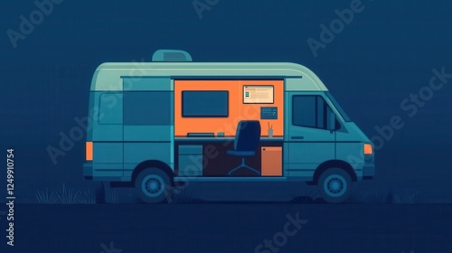 Wallpaper Mural A stylized illustration of a camper van featuring an interior workspace, set against a dark background, representing mobile living and remote work. Torontodigital.ca