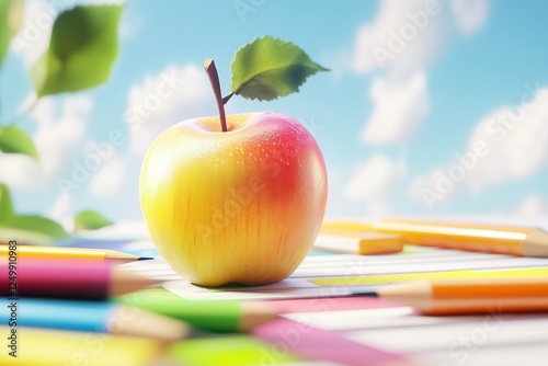 Bright apple on a desk with school supplies in sunlight