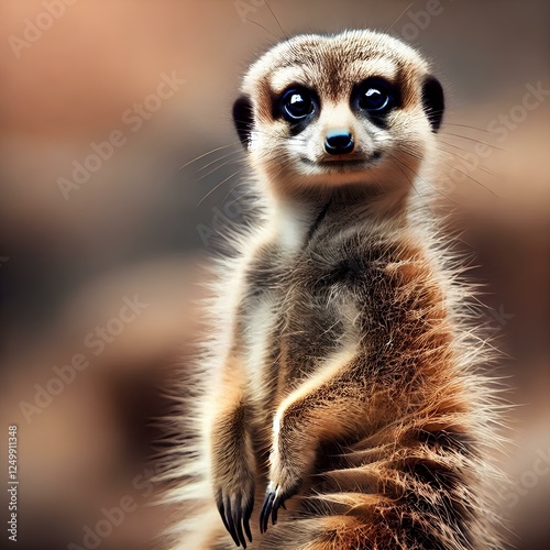  Meerkat, Suricata suricatta, on hind legs. Portrait of meerkat standing on hind legs with alert expression. Portrait of a funny meerkat sitting on its hind legs.