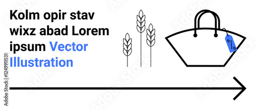 Wheat stalks and a handbag with a price tag, side by side, symbolize the connection between agriculture and commerce. Ideal for retail, fashion, agriculture, sustainability, minimalism, economy flat