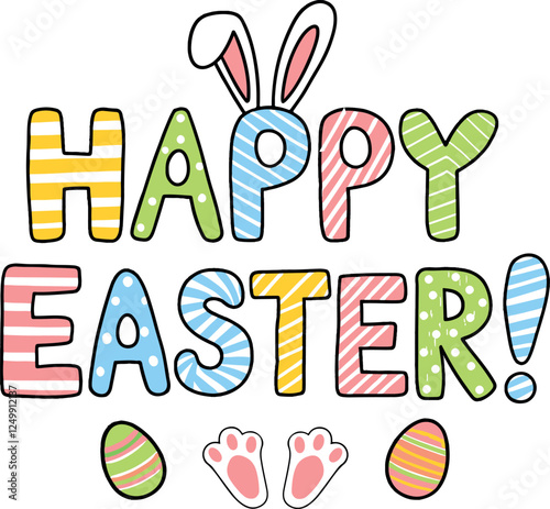 Happy Easter bunny or rabbit ear and eggs vector art on a white background