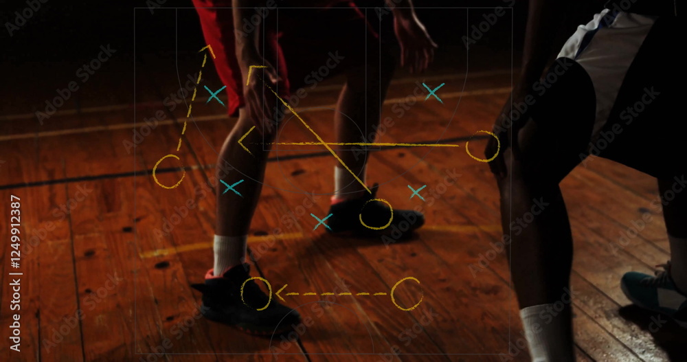 Basketball strategy image over players on wooden court Basketball strategy image over players on wooden court