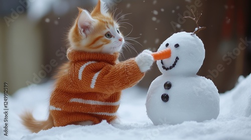 Kitten in Sweater Decorating a Snowman in Winter