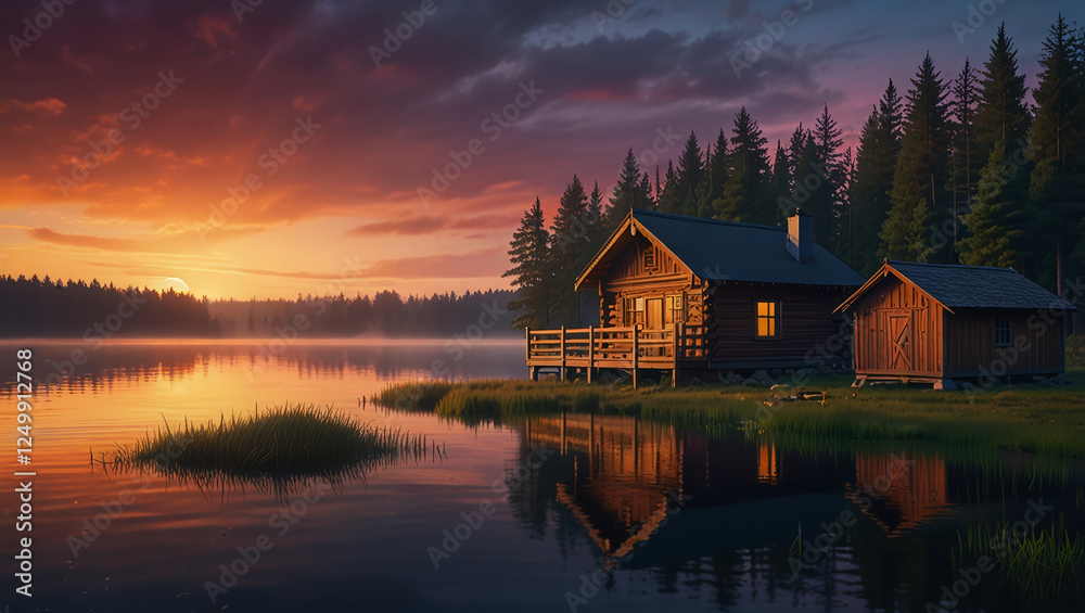Fototapeta premium wooden house by the lake at sunset