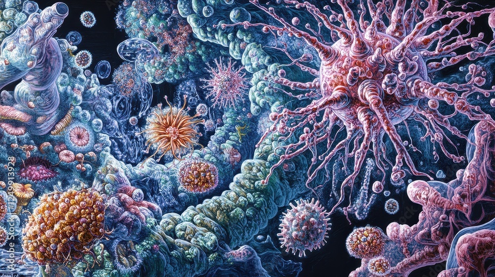 Fototapeta premium A high-detailed medical illustration of the immune system fighting an infection, featuring white blood cells surrounding pathogens. The interconnected network of immune responses is visualized in a sc
