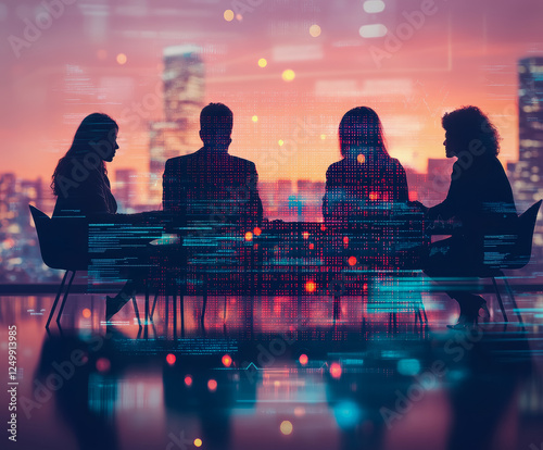 A double exposure stock photo featuring a group of business people working together in an office set
