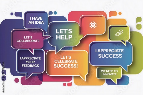 Colorful speech bubbles promote open communication and inclusivity in a workplace setting.
