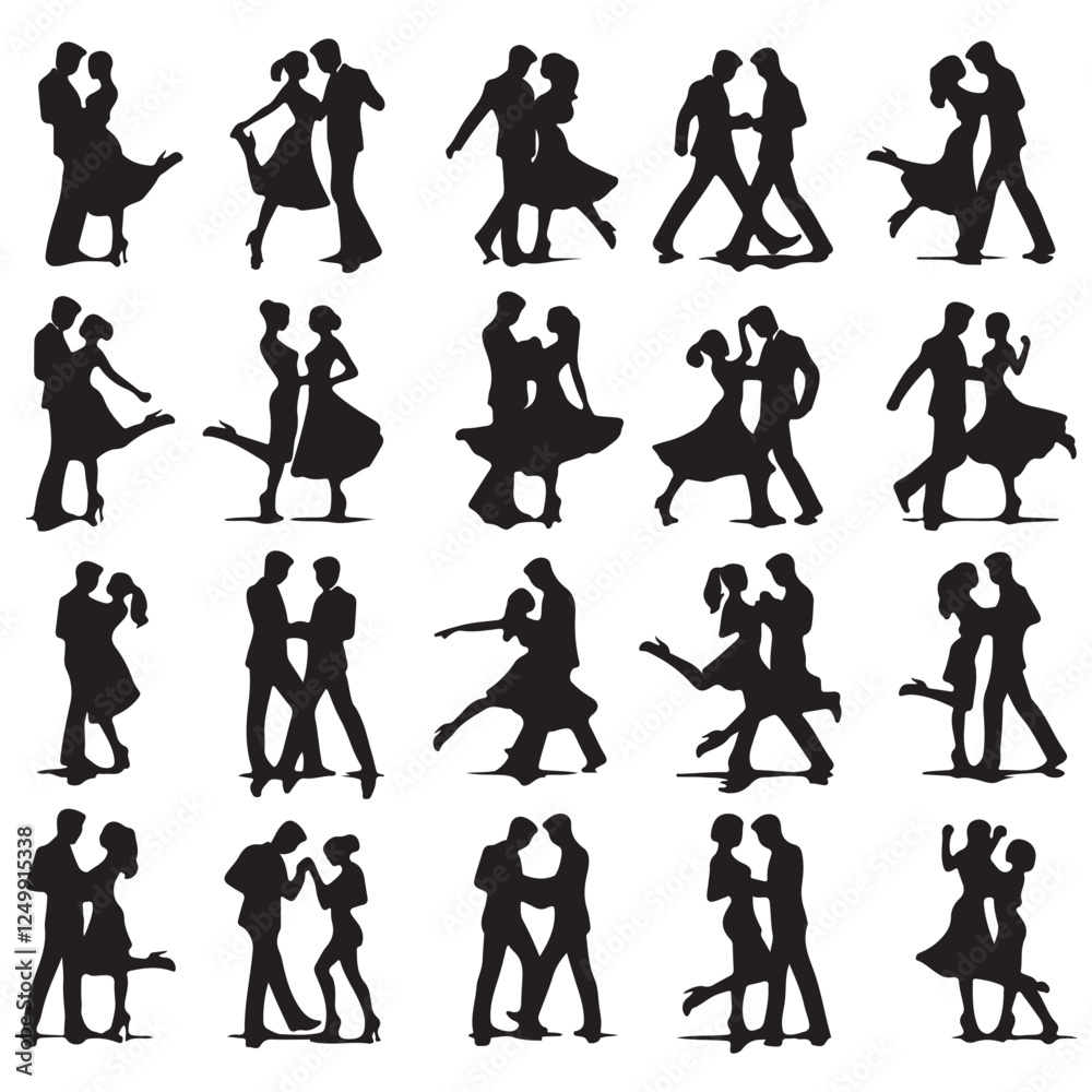 Silhouettes of romantic couple isolated on white background collection set. Happy couple dancing together vector silhouette set. on white background Silhouettes of romantic couple isolated on white background collection set. Happy couple dancing together vector silhouette set. on white background