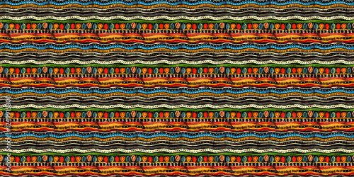 Abstract African art shapes seamless backgrounds, tribal geometric decoration patterns. Colored flat boho symbols illustrations	