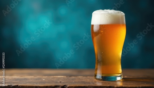 Full pint of beer sits on rustic wood, vibrant blue background, table, beverage, party