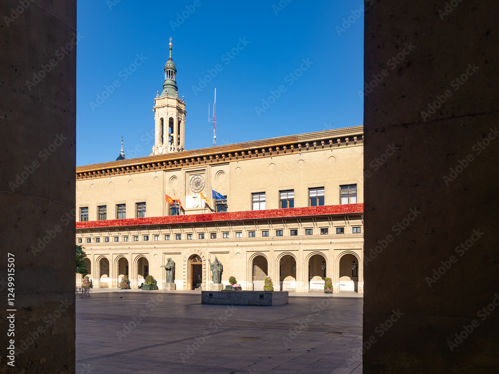 Fototapeta premium Zaragoza City Hall decorated with a large red bow. Aragon. Spain