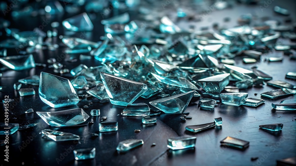 Shattered Teal Glass Fragments on Dark Surface Shattered Teal Glass Fragments on Dark Surface