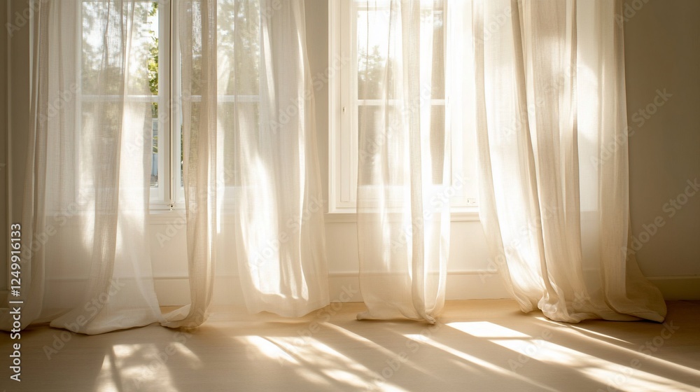 Sunlight streams through sheer curtains in a bright room, illuminating the floor. Sunlight streams through sheer curtains in a bright room, illuminating the floor.