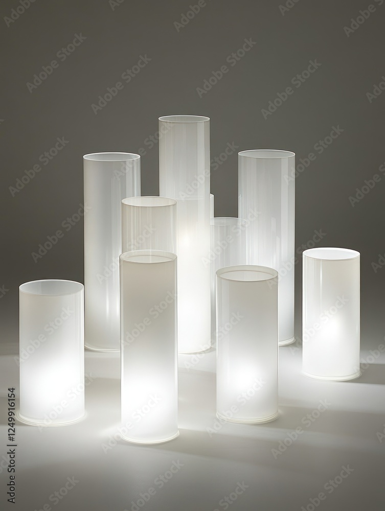 Illuminated translucent cylinders stand against soft gray backdrop indoors Illuminated translucent cylinders stand against soft gray backdrop indoors