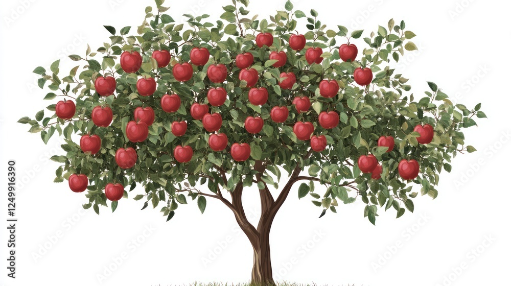 Abundant Red Apples on Tree, Orchard, Summer, White Background, Food Illustration Abundant Red Apples on Tree, Orchard, Summer, White Background, Food Illustration