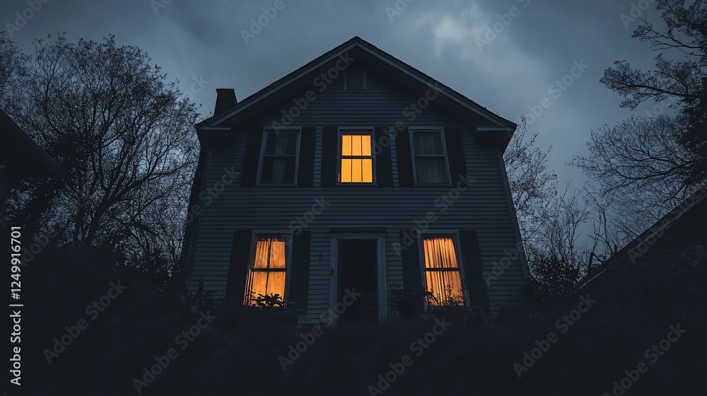 A mysterious house at night with illuminated windows, set against a dark, brooding sky. A mysterious house at night with illuminated windows, set against a dark, brooding sky.