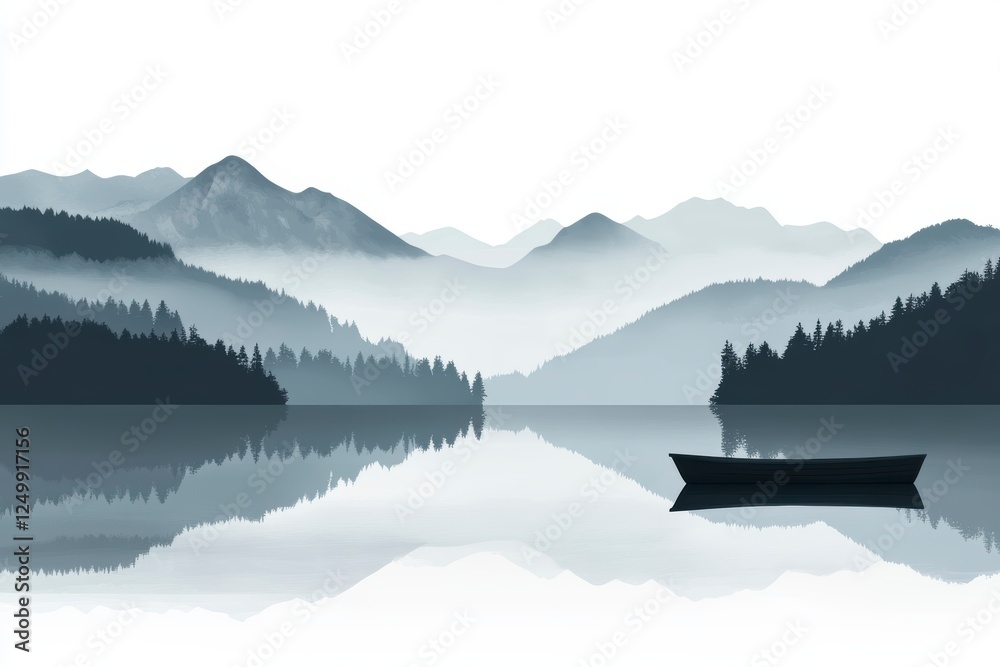 Fototapeta premium Chinese ink painting style, with distant mountains and rivers featuring misty peaks in the background