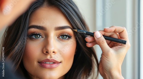 Makeup artist applies eye shadow, Beautiful woman face. Hand of visagiste, painting cosmetics of young beauty model girl. Make up in process