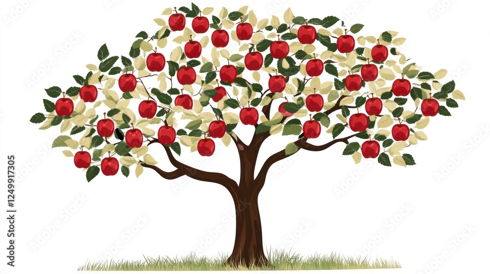 Fototapeta premium Abundant red apples on tree, white background, autumn harvest, healthy food