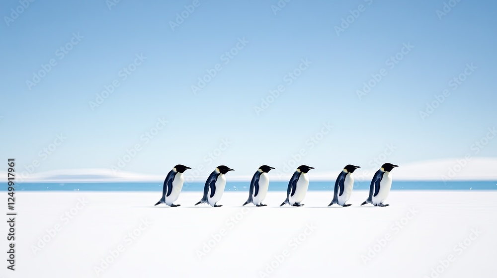 Group of penguins walking in a line across a snowy landscape with a serene ocean backdrop Group of penguins walking in a line across a snowy landscape with a serene ocean backdrop
