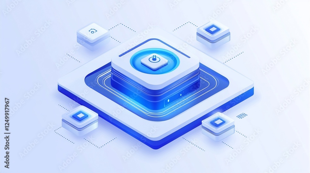 Fototapeta premium Isometric illustration of a central power button surrounded by interconnected data cubes, representing a network system or smart home technology.