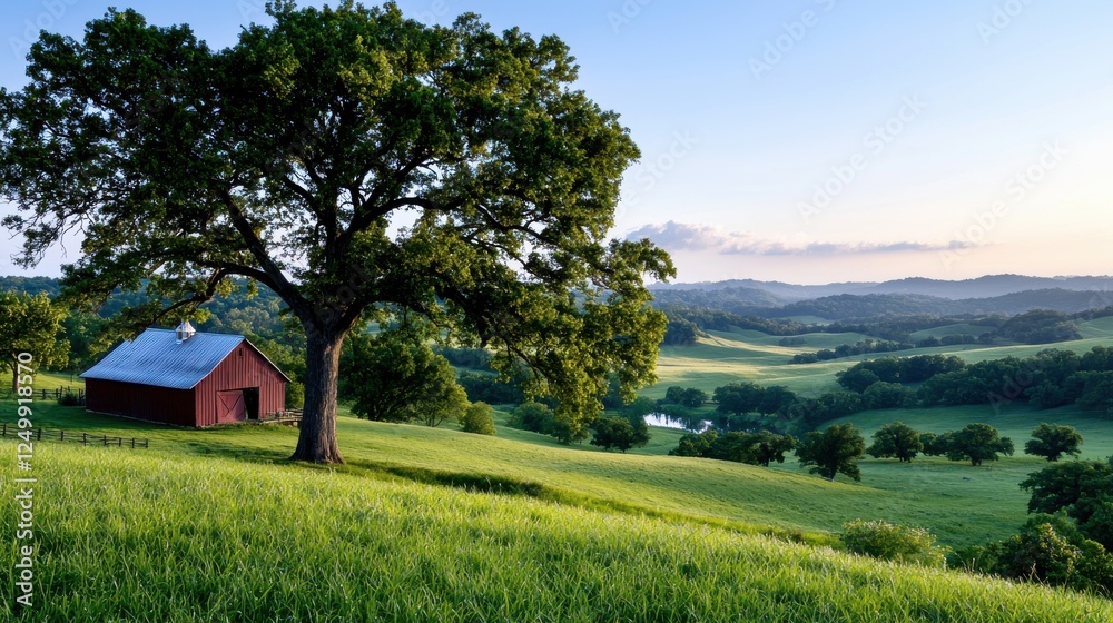 Scenic Rural Landscape With Red Barn And Oak Tree At Sunrise Scenic Rural Landscape With Red Barn And Oak Tree At Sunrise