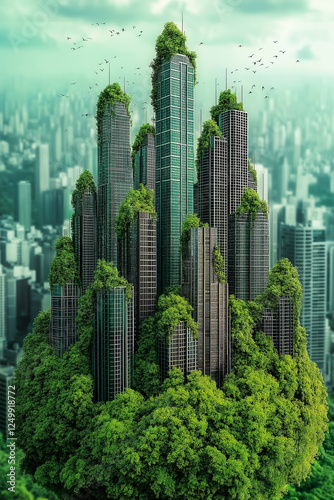 futuristic cityscape featuring skyscrapers covered in lush greenery, symbolizing urban sustainability and nature integration. scene evokes sense of harmony between architecture and environment